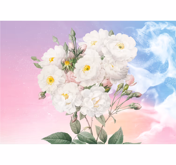 Store enrouleur cuisine fleurs blanches fond bleu orange - TenStickers