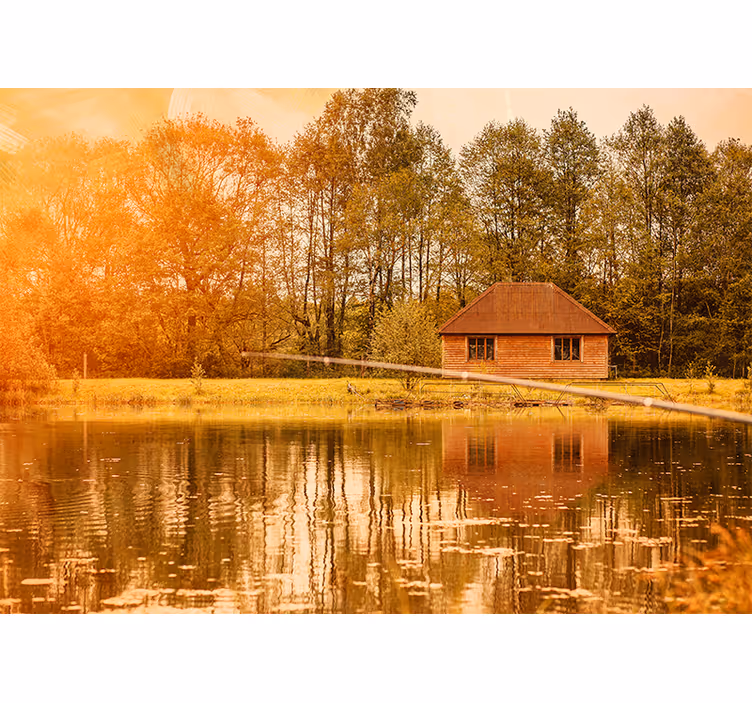 Store enrouleur bureau maisons brunes au bord du lac - TenStickers