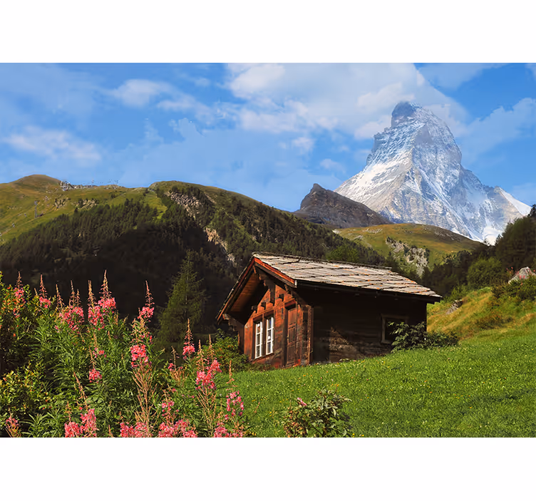 Store enrouleur bureau champ vert avec chalet et montagne - TenStickers
