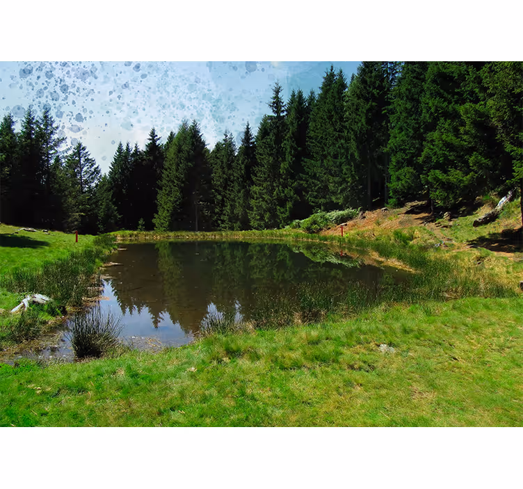 Store enrouleur bureau champ vert arbres et lac - TenStickers