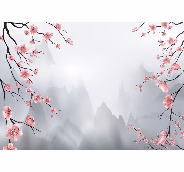 Store enrouleur gris fleurs de cerisier et montagnes - TenStickers