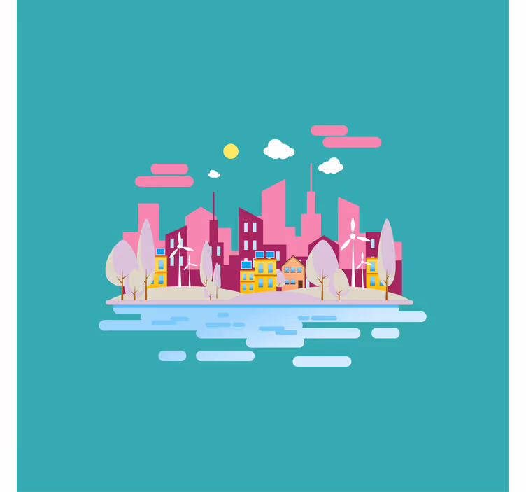 Store enrouleur chambre enfant ville rose avec mer - TenStickers