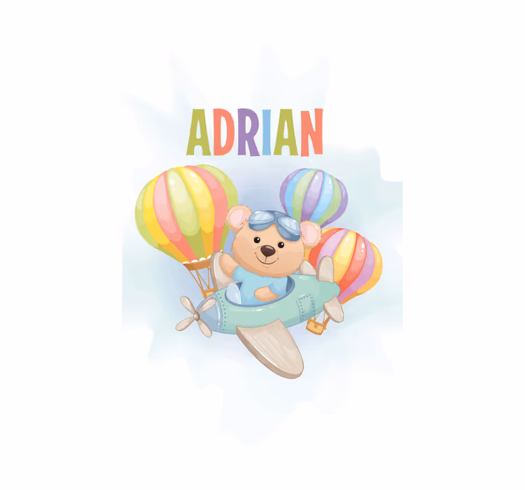 Store enrouleur pour chambre enfant ours dans avion avec nom - TenStickers