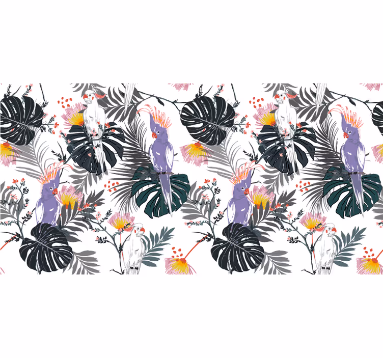 Tapisserie jungle perroquets rouges et violets sur feuillage - TenStickers