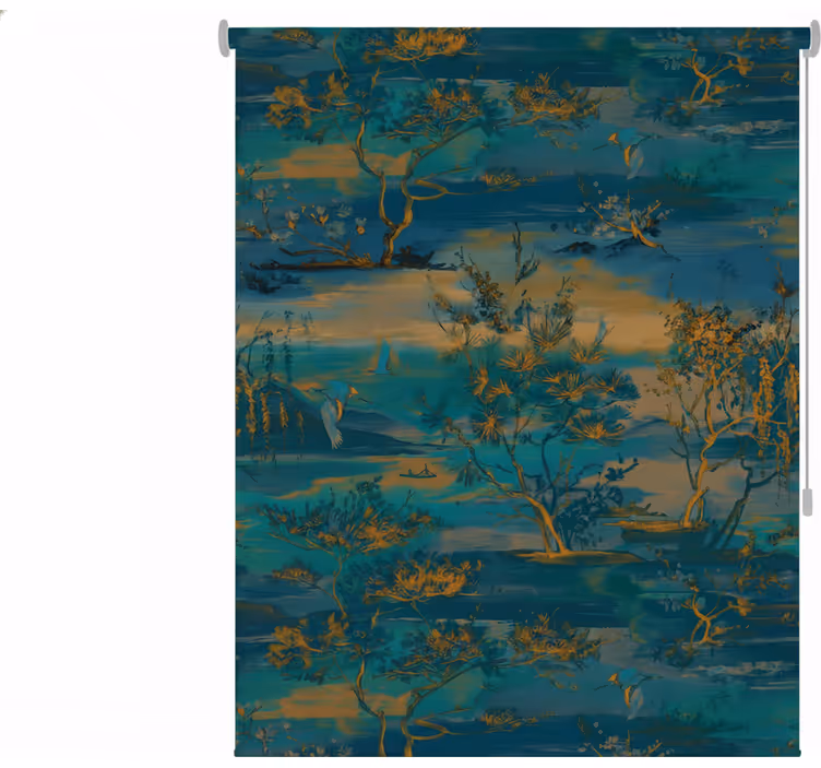 Tapisserie salle de bain paysage asiatique bleu et or - TenStickers