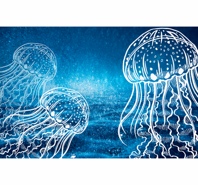 Tapisserie bleu créatures marines méduses blanches - TenStickers