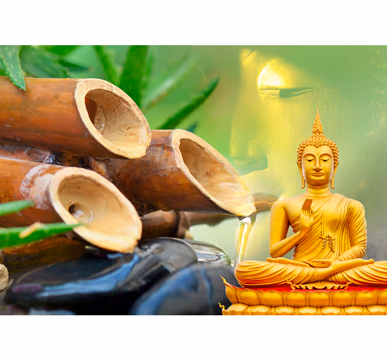 Papier peint zen bouddha doré et fontaine bamboo - TenStickers