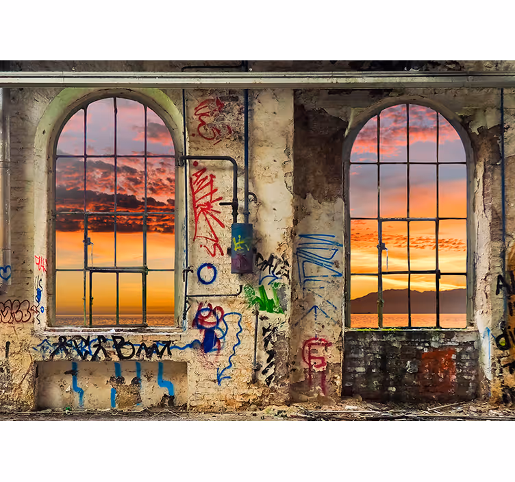 Papier peint 3D fenêtre vue urbaine sur le coucher du soleil - TenStickers