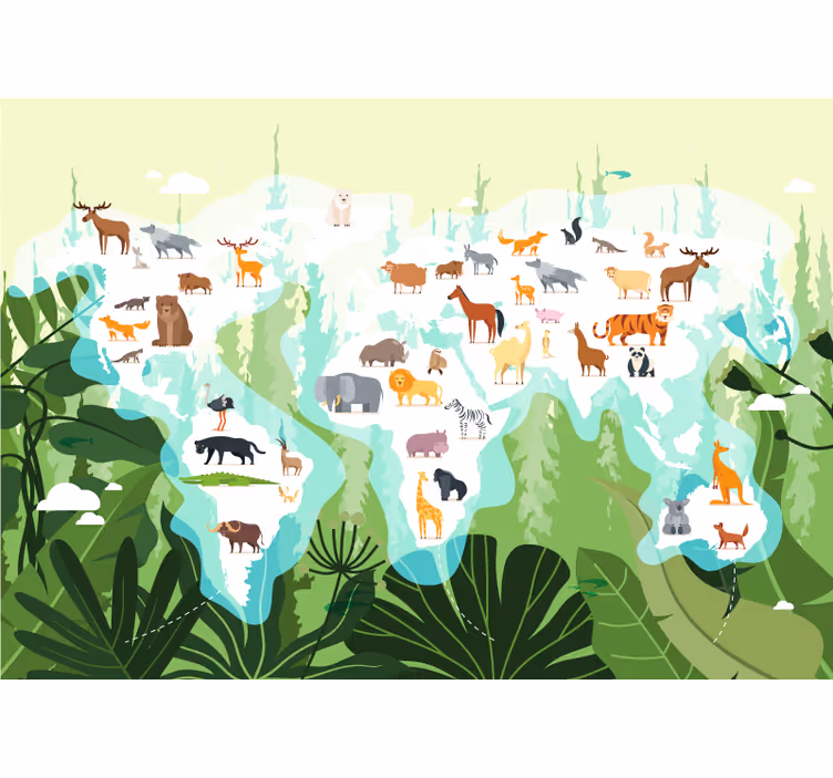 Tapisserie animaux carte du monde des animaux - TenStickers