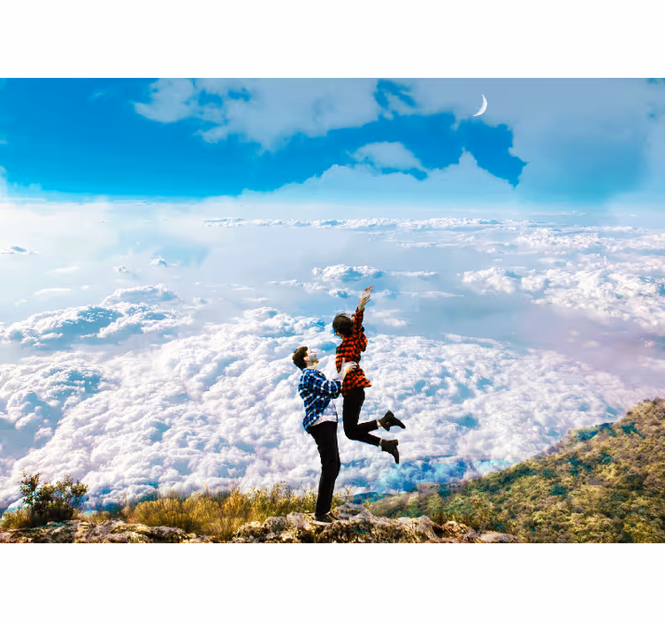 Tapisserie amour étreinte joyeuse au-dessus des nuages - TenStickers