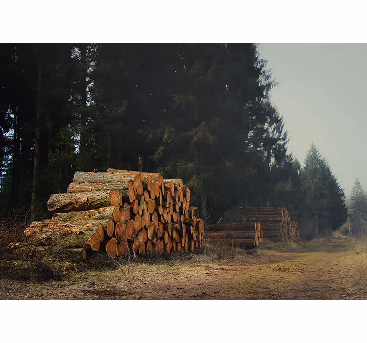 Papier peint forêt piles de bois dans la forêt - TenStickers