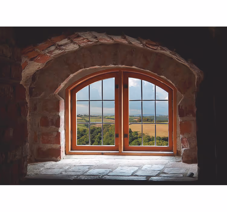 Tapisserie paysage fenêtre en arc de pierre - TenStickers