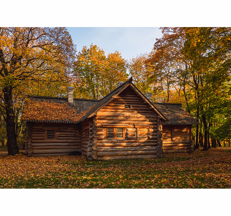 Tapisserie paysage cabane en rondins d'automne - TenStickers