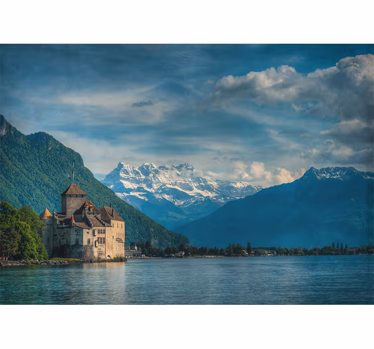 Tapisserie paysage vue sur château montagneux - TenStickers