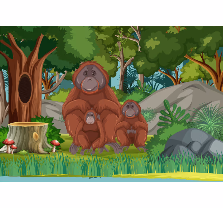 Tapisserie animaux scène de famille d'orangs-outans - TenStickers