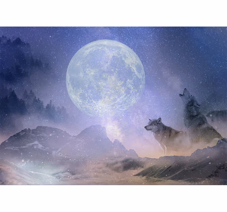 Tapisserie jungle loups majestueux au clair de lune - TenStickers