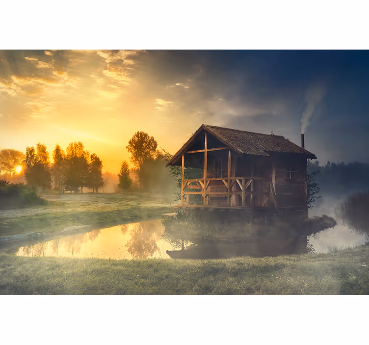 Tapisserie paysage cabane paisible au coucher de soleil - TenStickers