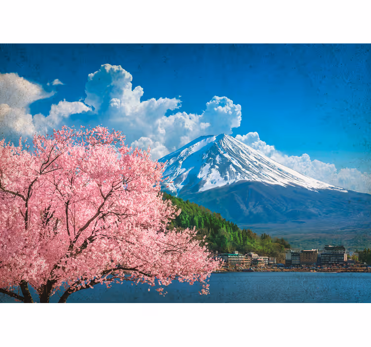 Tapisserie paysage montagnes et cerisiers en fleurs - TenStickers
