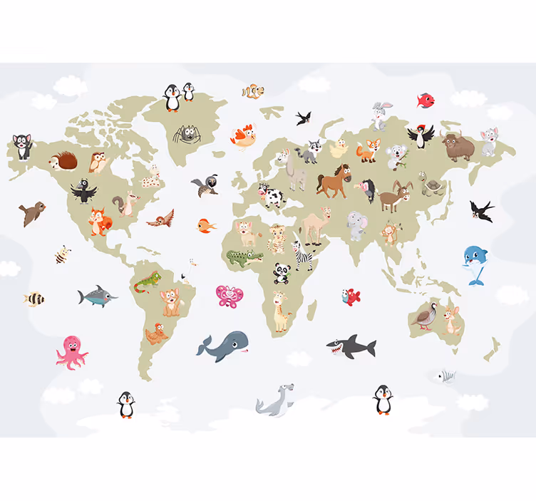 Tapisserie animaux carte mondiale des créatures - TenStickers