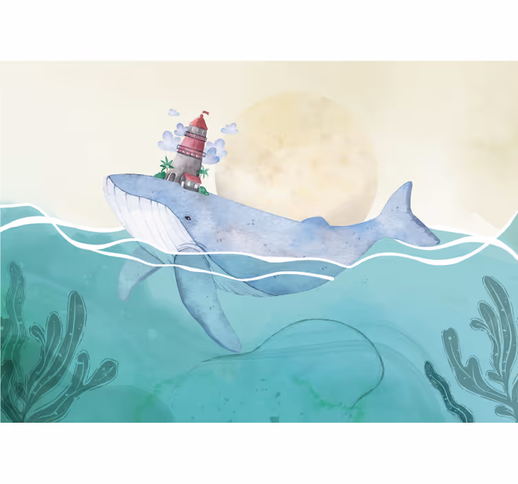 Tapisserie animaux baleine avec phare - TenStickers