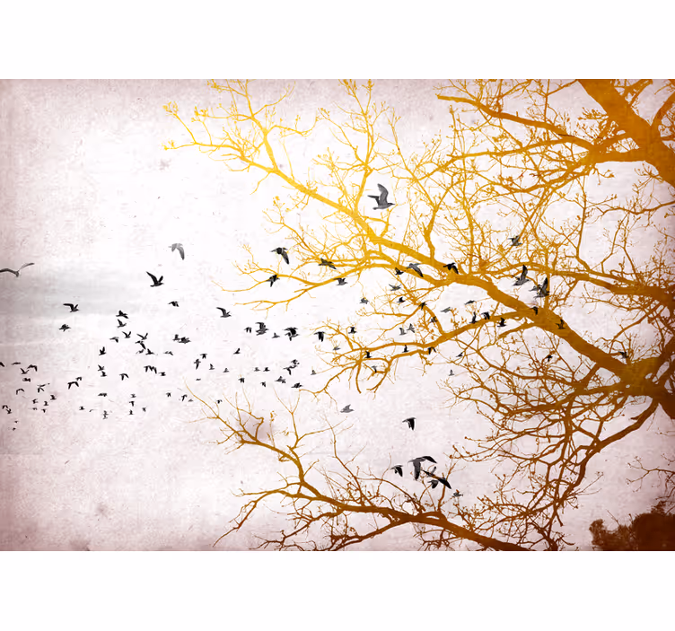 Tapisserie nature branches dorées et oiseaux - TenStickers
