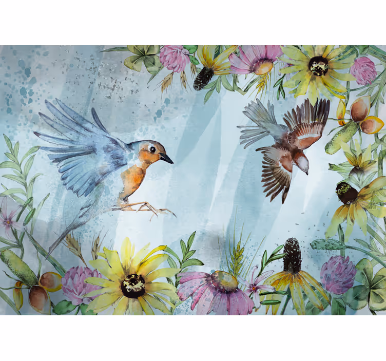 Tapisserie bureaux oiseaux fleuris colorés - TenStickers