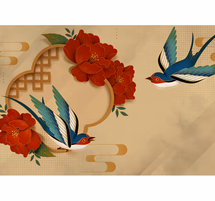 Tapisserie fleur hirondelles et fleurs - TenStickers