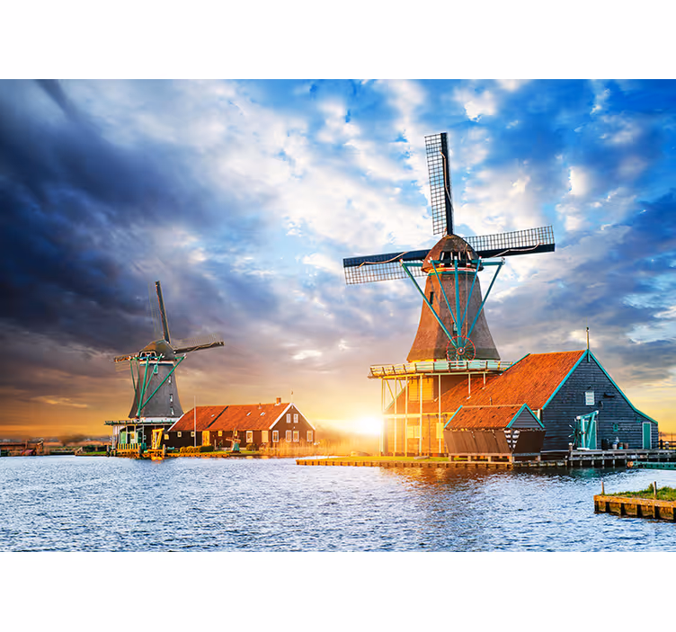 Tapisserie amsterdam moulin à vent au coucher du soleil - TenStickers
