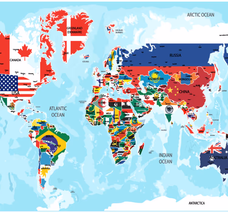 Tapisserie murale carte du monde avec des drapeaux - TenStickers