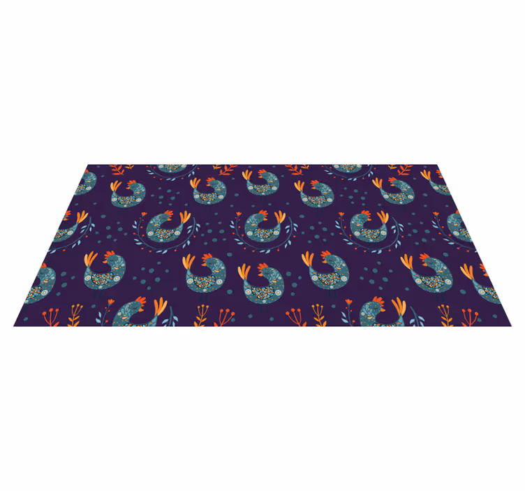 Tapis vinyle plantes poules violettes et fleurs - TenStickers