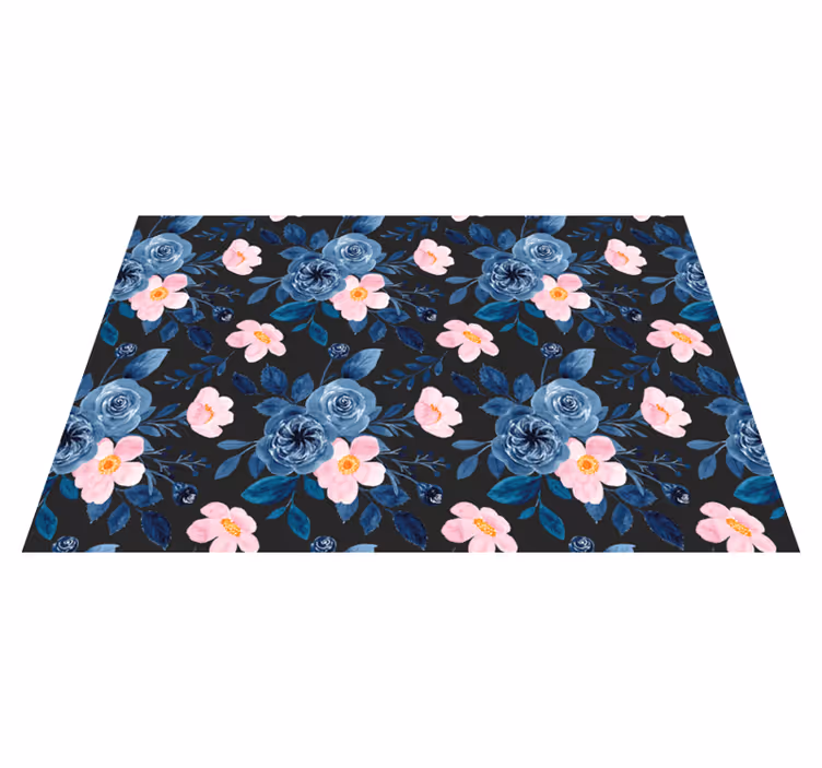 Tapis vinyle plantes motif bleu et rose sur fond noir - TenStickers