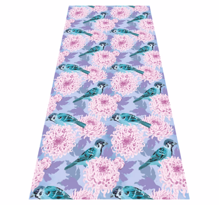 Tapis vinyle plantes fleurs de jardin roses et oiseaux - TenStickers