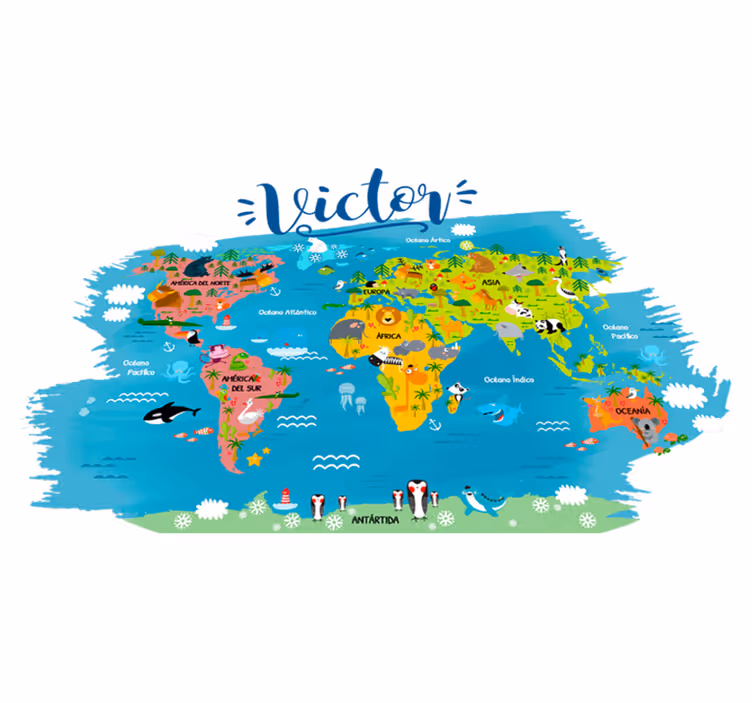 Tapis vinyle carte du monde animal avec noms espagnols - TenStickers