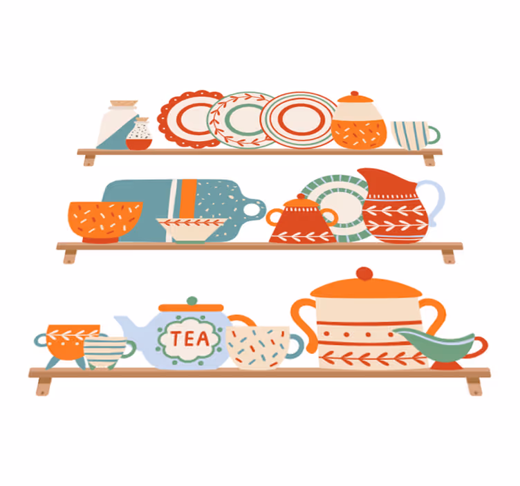 Tapis vinyle cuisine vaisselle de table sur étagère - TenStickers