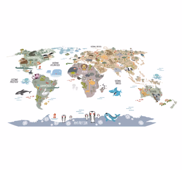 Tapis vinyle carte du monde animaux pastel - TenStickers