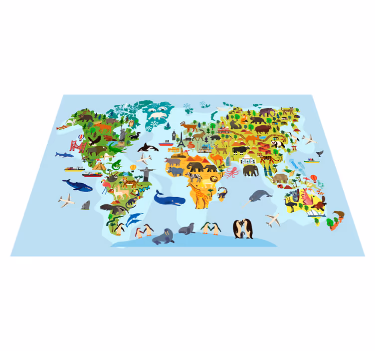 Tapis vinyle carte du monde enfants avec monuments et animaux - TenStickers