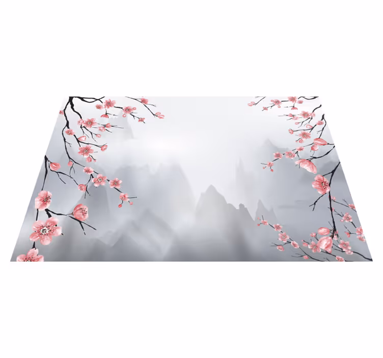 Tapis vinyle gris fleurs de cerisier et montagnes - TenStickers