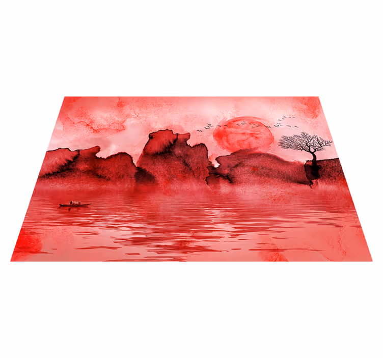 Tapis vinyle rouge paysage à l'encre chinoise - TenStickers