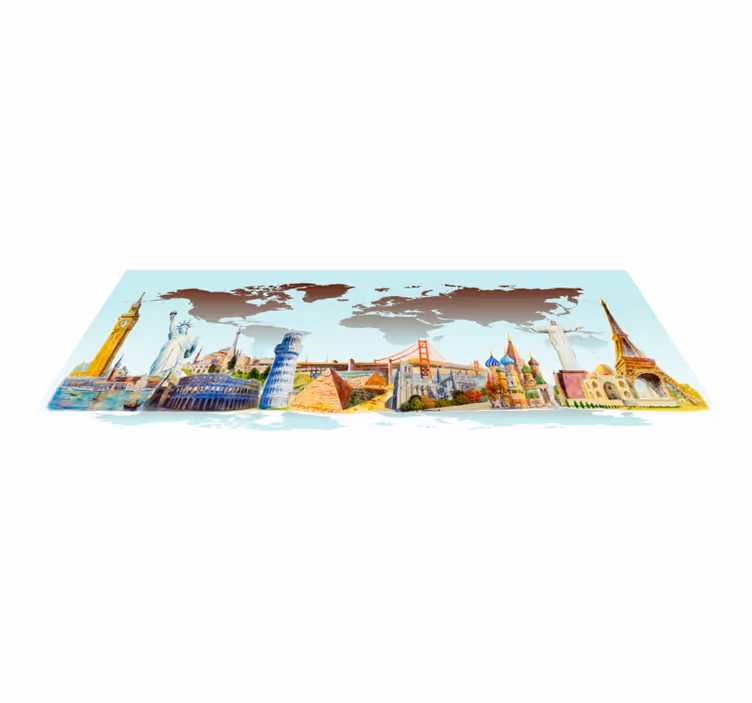 Tapis vinyle carte du monde collage de monuments colorés - TenStickers