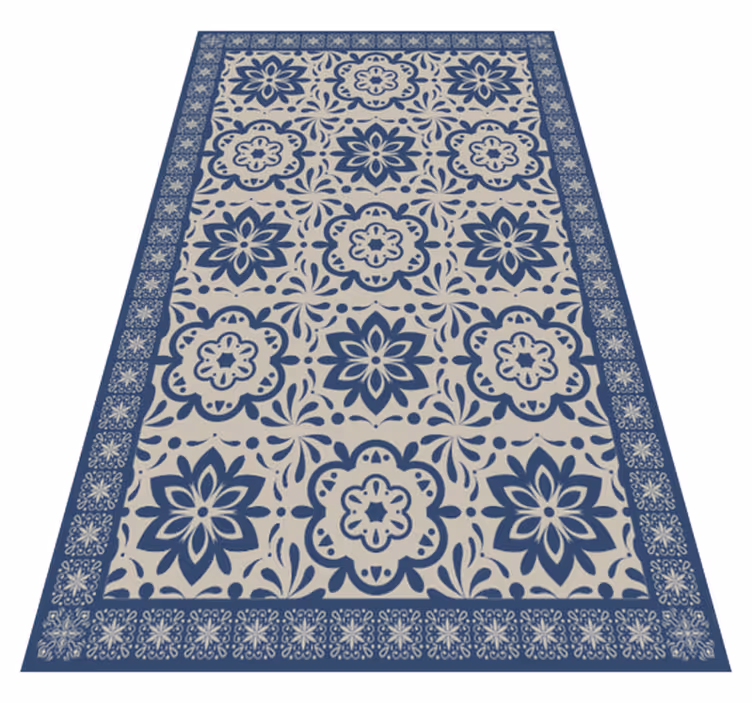 Tapis lino cuisine thème floral hydraulique bleu - TenStickers