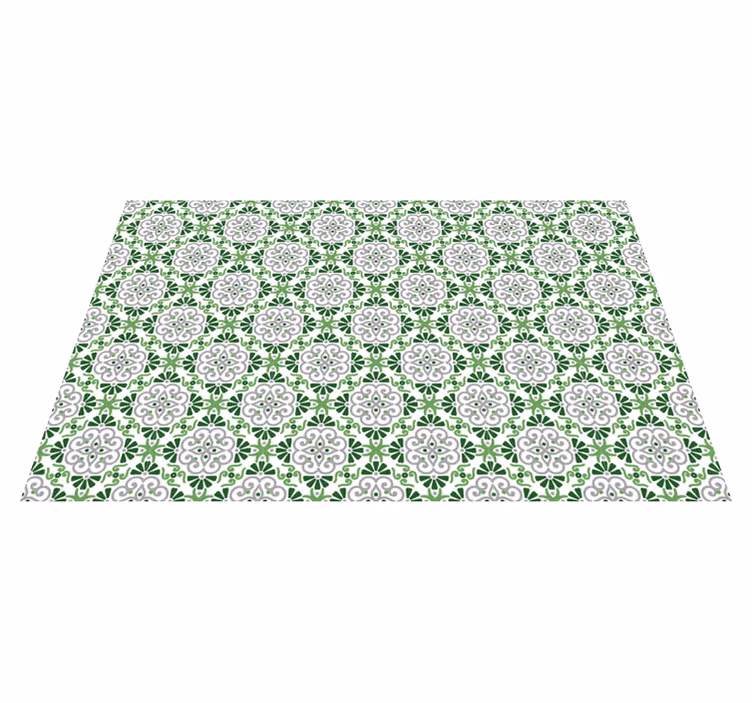 Tapis lino cuisine carreaux portugais de fleurs vertes - TenStickers