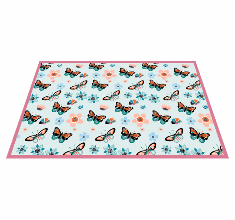 Tapis vinyle chambre fleurs et papillons fond bleu - TenStickers