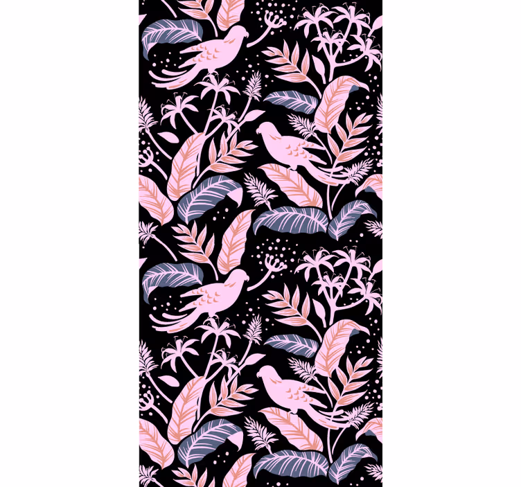 Papier peint chambre enfant oiseaux roses et noirs sur feuillage - TenStickers