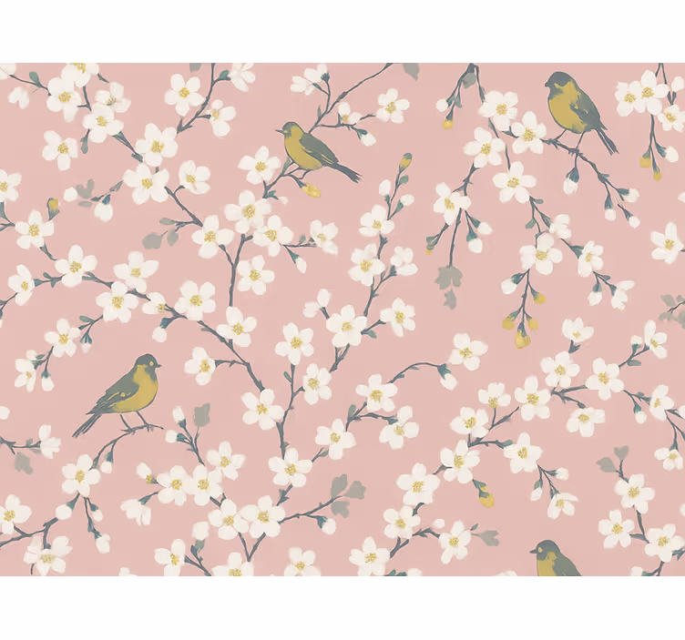 Papier peint floral oiseaux des vergers roses - TenStickers