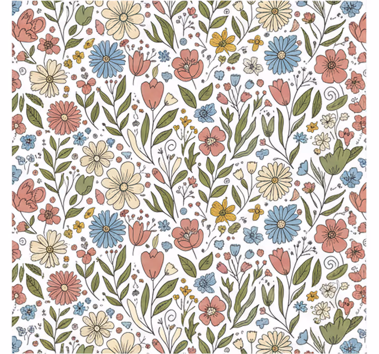 Papier peint feuilles fleurs dessinées - TenStickers