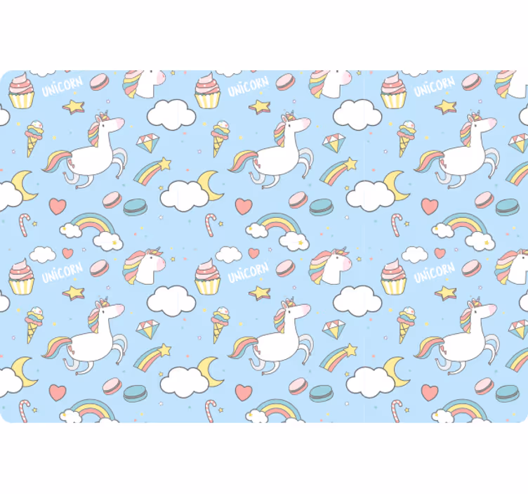 Papier peint bleu licornes et arcs-en-ciel colorés - TenStickers