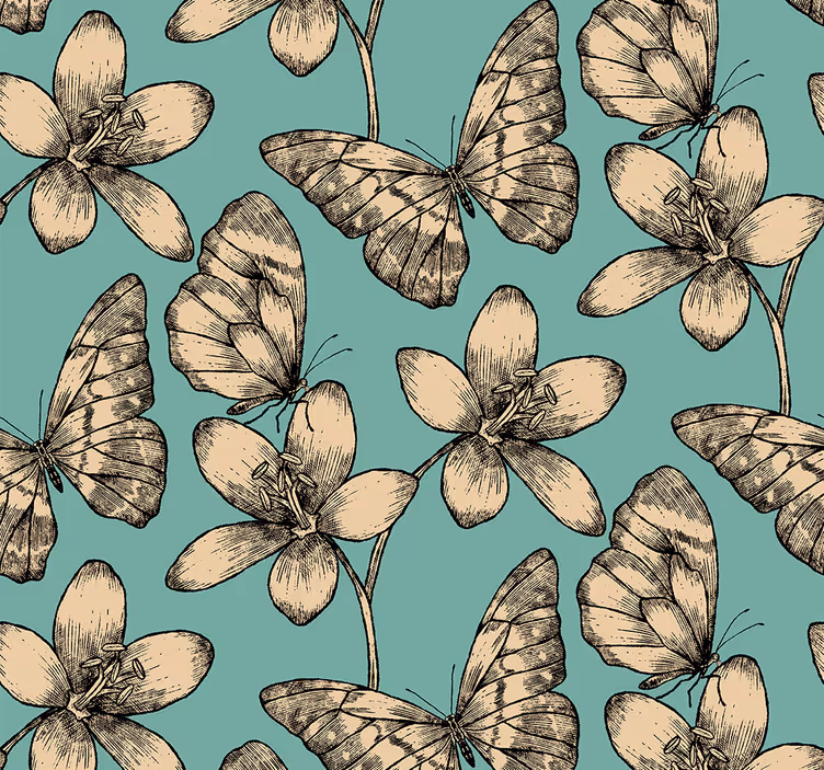 Papier peint papillon fleurs beiges sur fond bleu - TenStickers