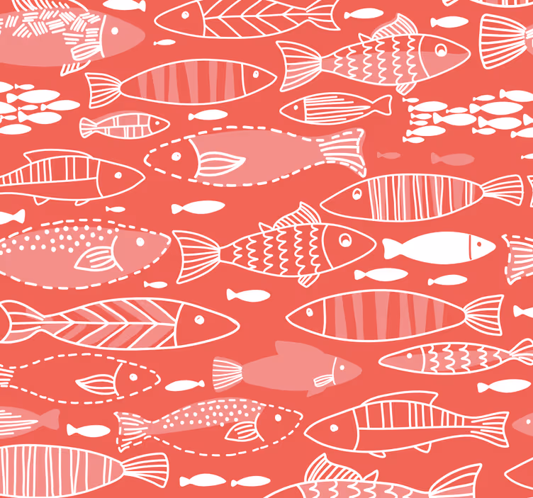 Papier peint rouge et poissons dessinés main - TenStickers