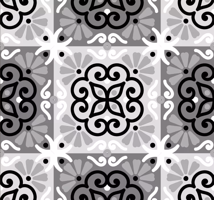 Papier peint carrelage mural ornements noirs et gris - TenStickers