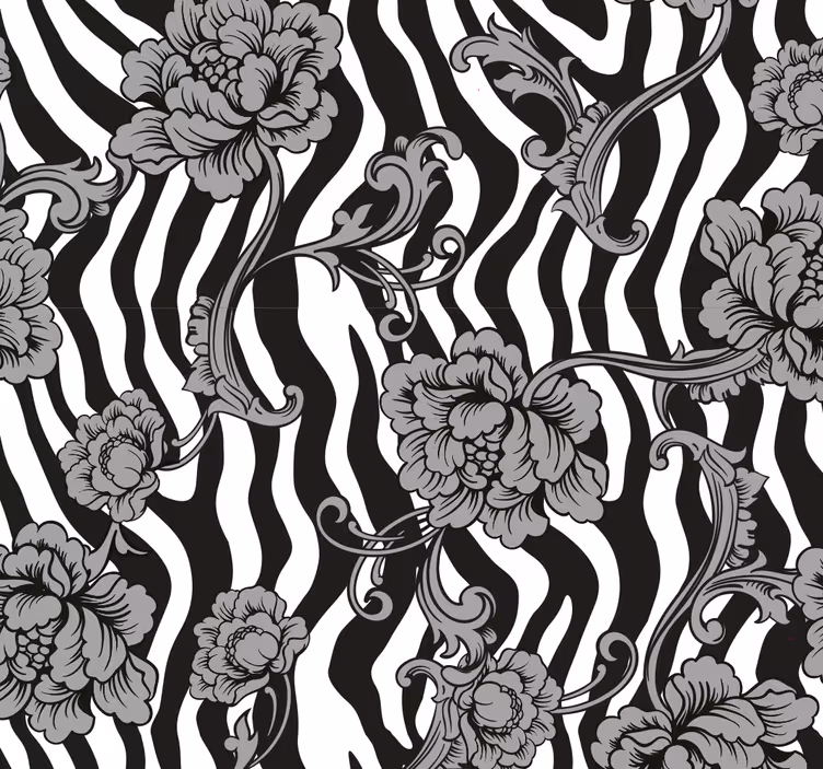 Papier peint zèbre et fleurs grises - TenStickers